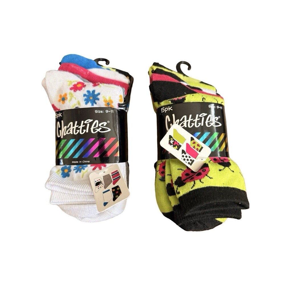 Chatties Girls Socks Size 9-11 10 Pairs Colorful Floral Ladybug Crew New